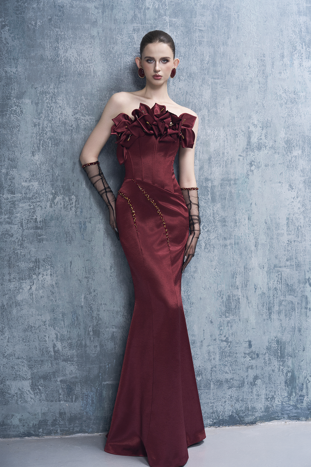 Merlot Bandeau 3D Floral Maxi Dress With Gloves