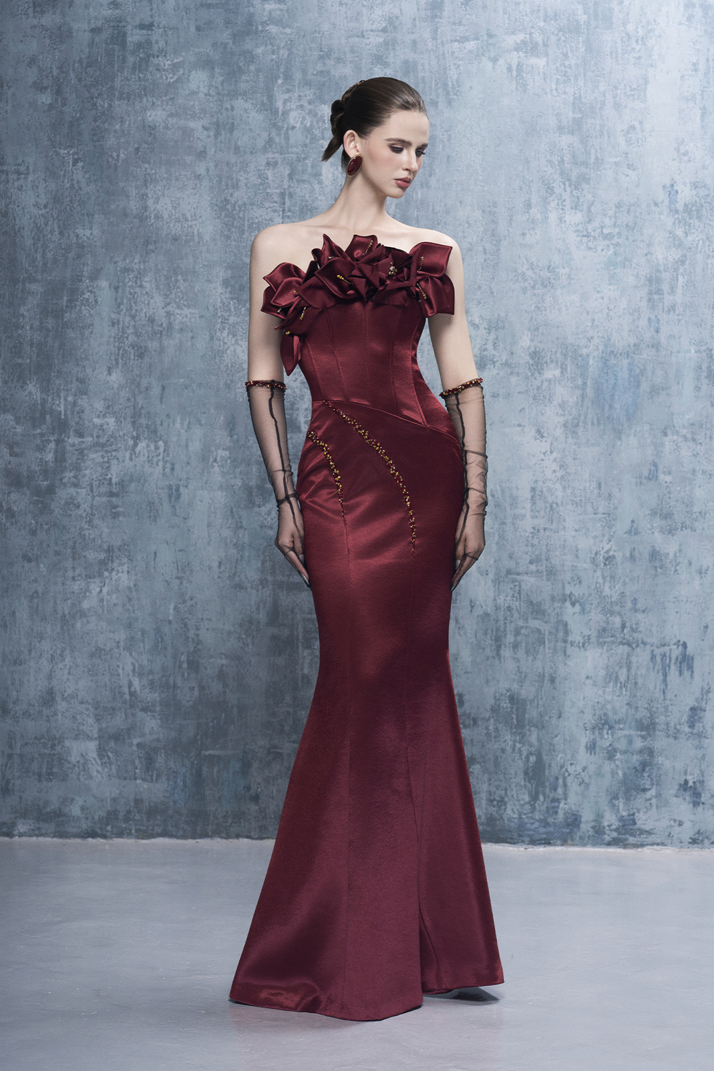 Merlot Bandeau 3D Floral Maxi Dress With Gloves