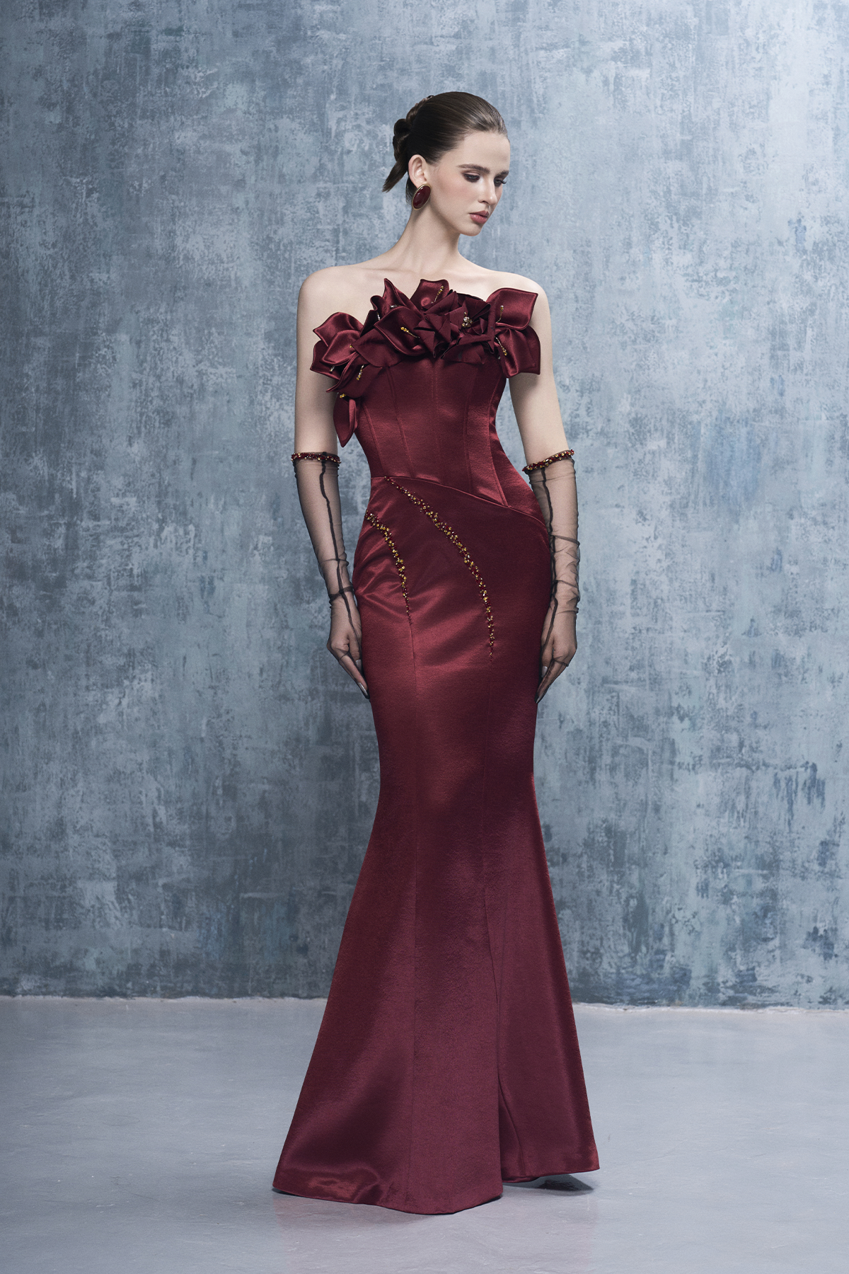 Merlot Bandeau 3D Floral Maxi Dress With Gloves