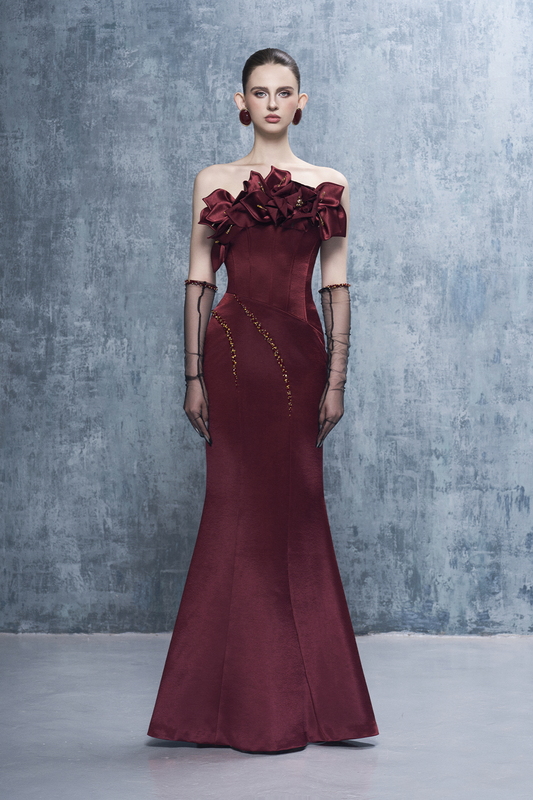 Merlot Bandeau 3D Floral Maxi Dress With Gloves