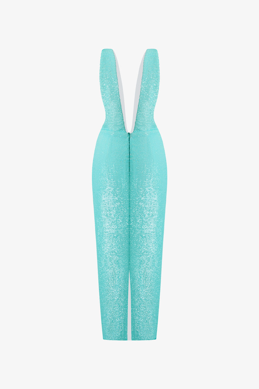 The Aqua Blue Glitter V-Neck Bodycon Dress stuns with a plunging neckline and structured waist.