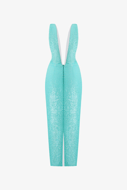 The Aqua Blue Glitter V-Neck Bodycon Dress stuns with a plunging neckline and structured waist.