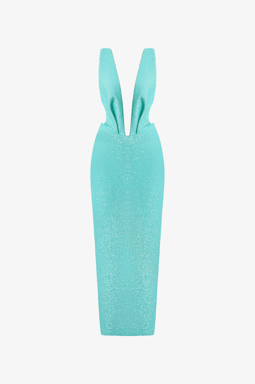 The Aqua Blue Glitter V-Neck Bodycon Dress stuns with a plunging neckline and structured waist.
