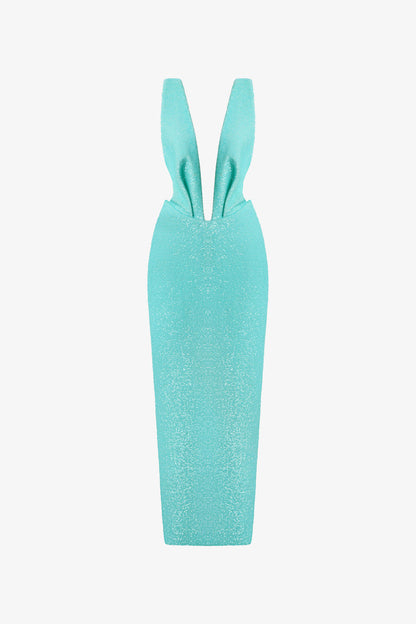 The Aqua Blue Glitter V-Neck Bodycon Dress stuns with a plunging neckline and structured waist.