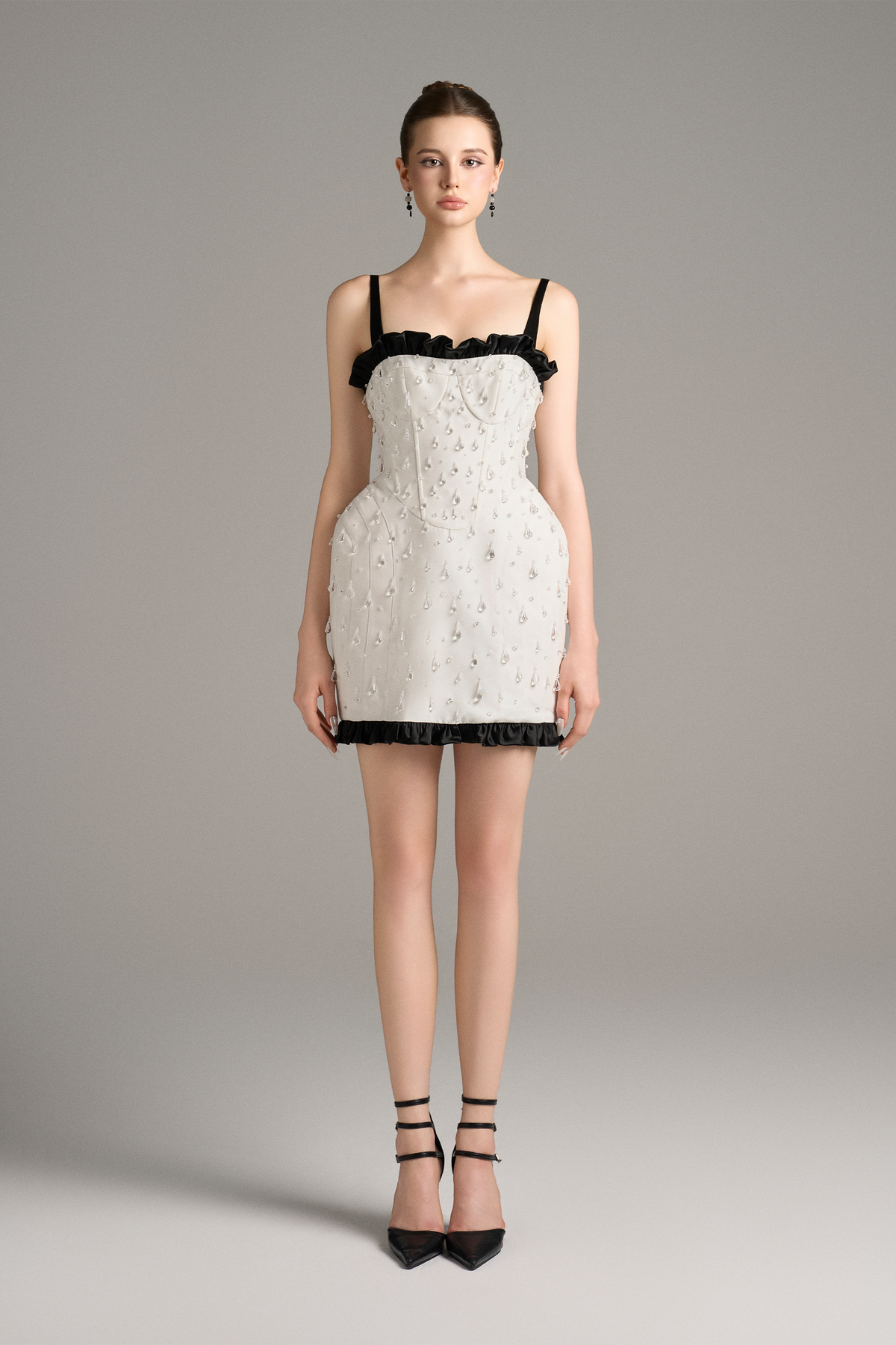 Atelier Crystal Cascade Mini Dress Ruffle Trim