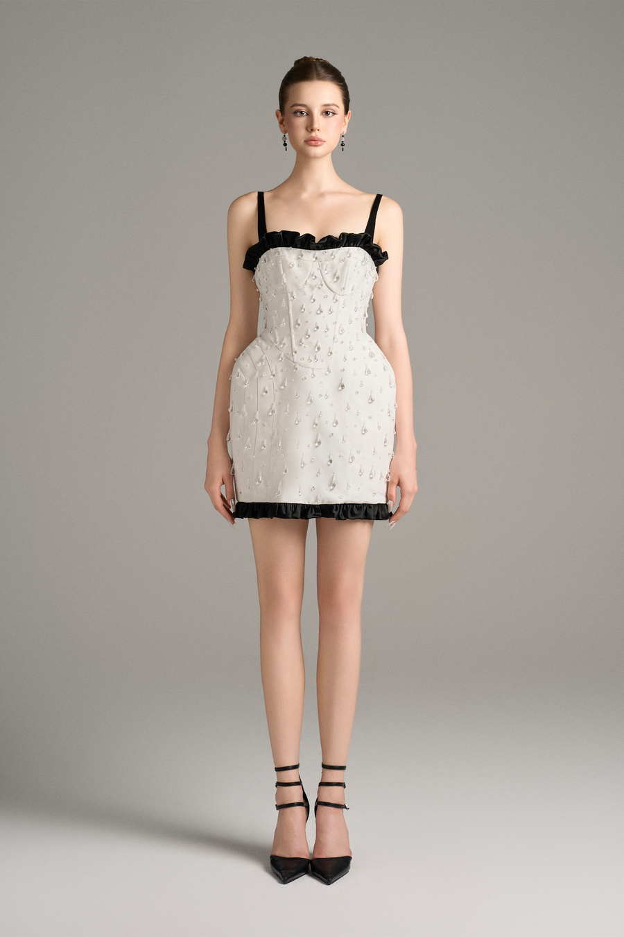 Atelier Crystal Cascade Mini Dress With Black Ruffle Trim