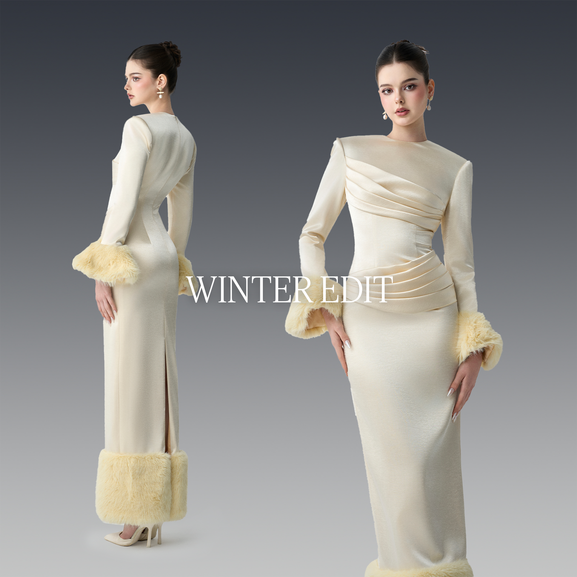 Woman wearing a cream-colored dress with fur trim, shown from front and back, on a gray background.