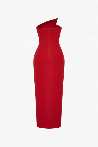 Red maxi dress in felt, with a strapless neckline, crystal embellishments and a thigh-high slit.