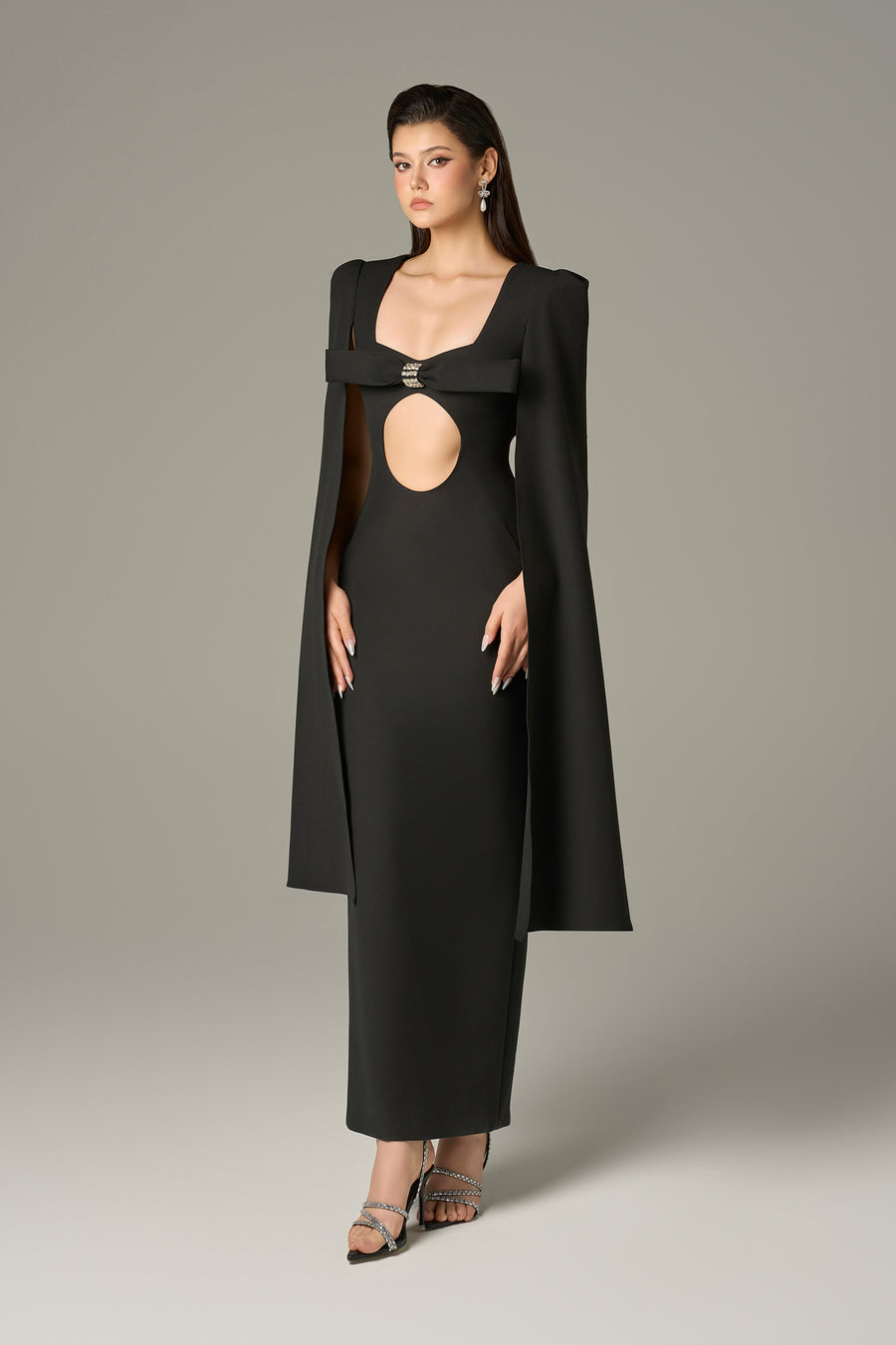 Empowering Cut Out Cape Maxi Dress