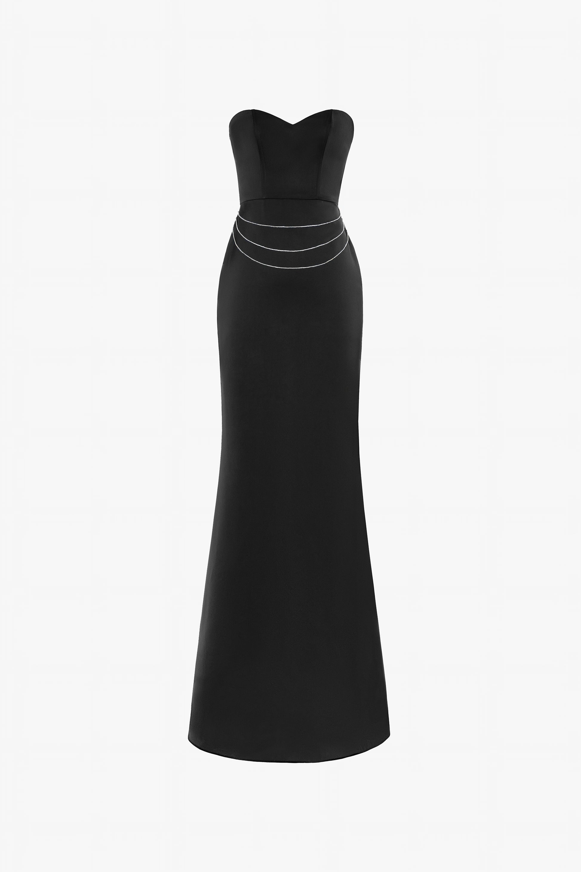 The Black Feather Trimmed Embellished Maxi Dress with a sweetheart neckline and silver-accented waist.