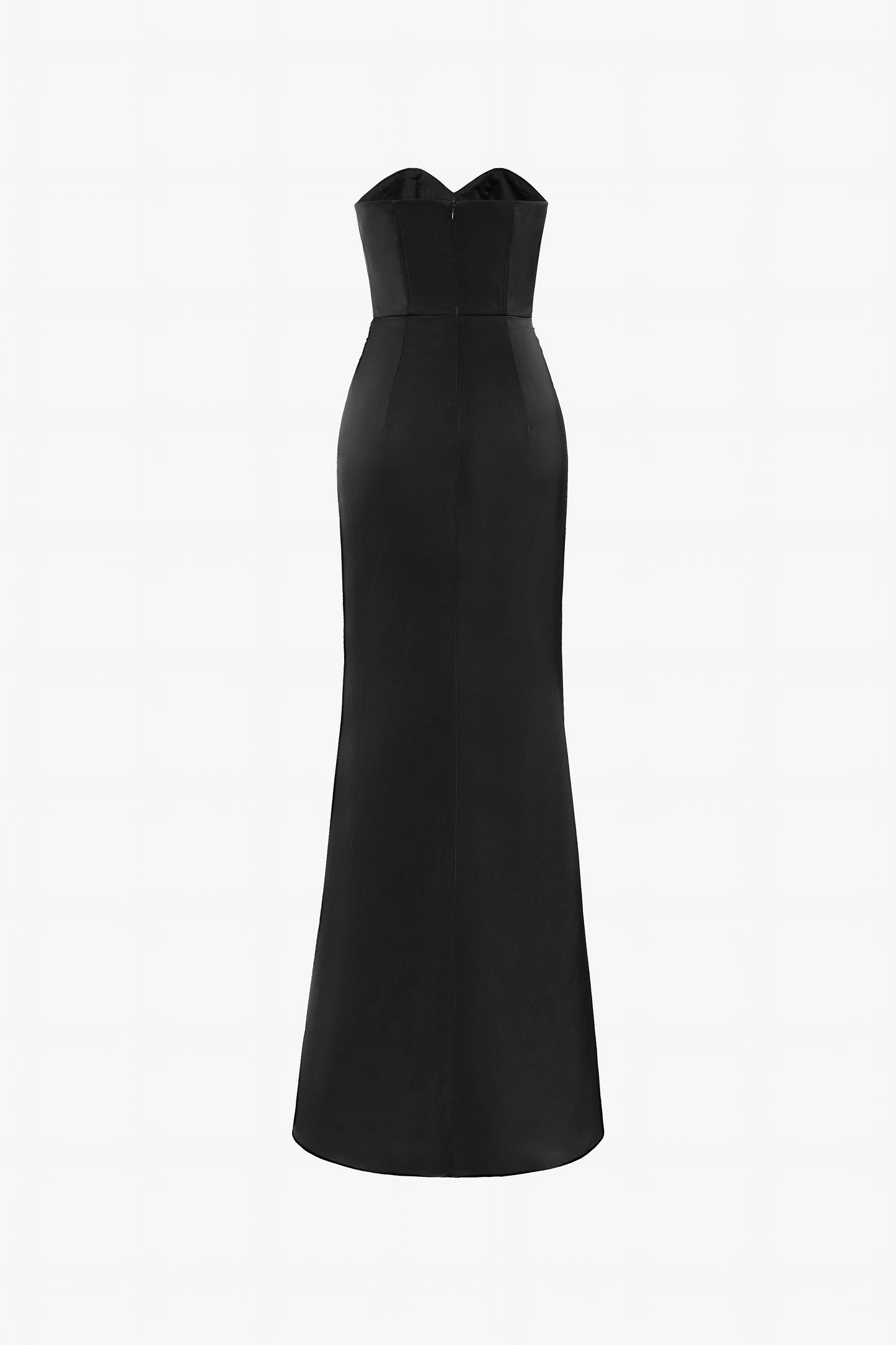 The Black Feather Trimmed Embellished Maxi Dress with a sweetheart neckline and silver-accented waist.