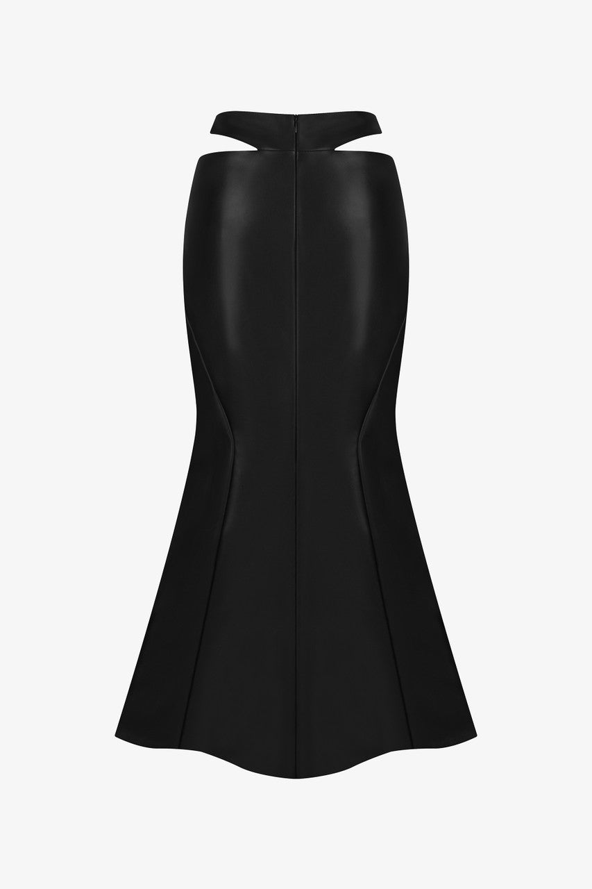 The Black High-Waist Leather Long Skirt with a mermaid silhouette and bold cut-out details. 
