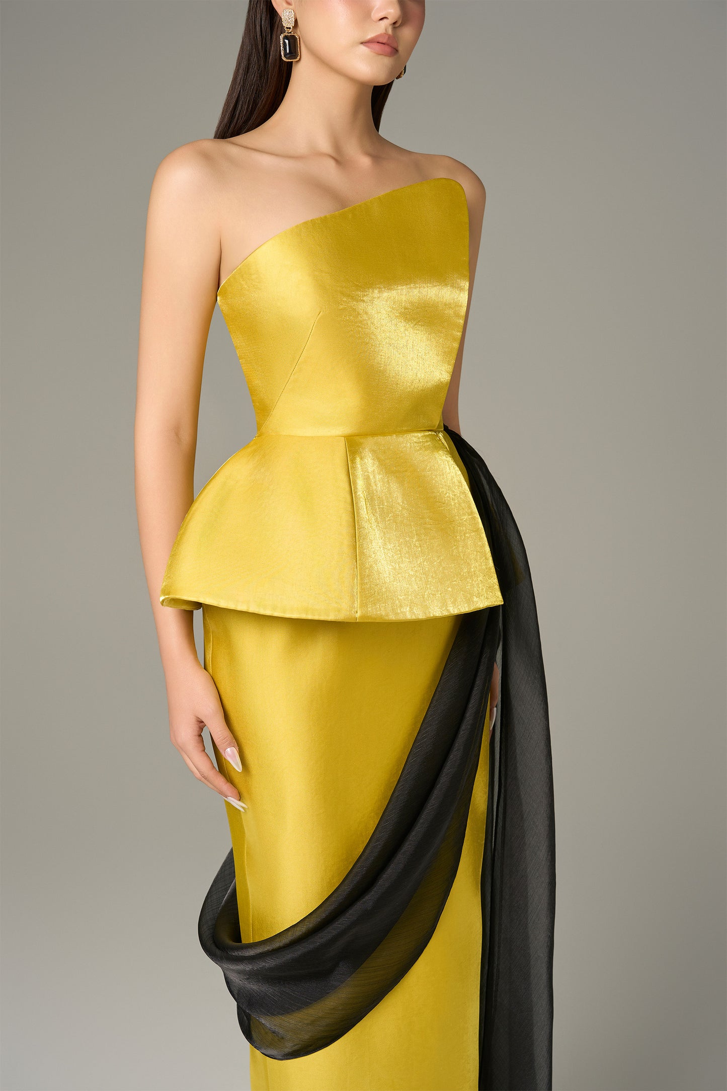 Yellow maxi dress with long black silk flap.