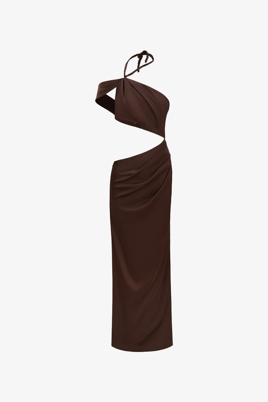 Brown maxi dress in premium silk, crafted with side cutouts, high side slit, and handwoven neck strap.