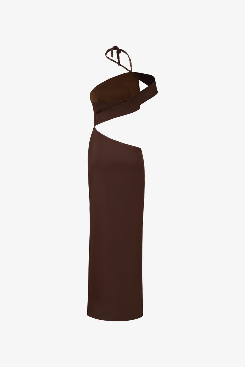 Brown maxi dress in premium silk, crafted with side cutouts, high side slit, and handwoven neck strap.