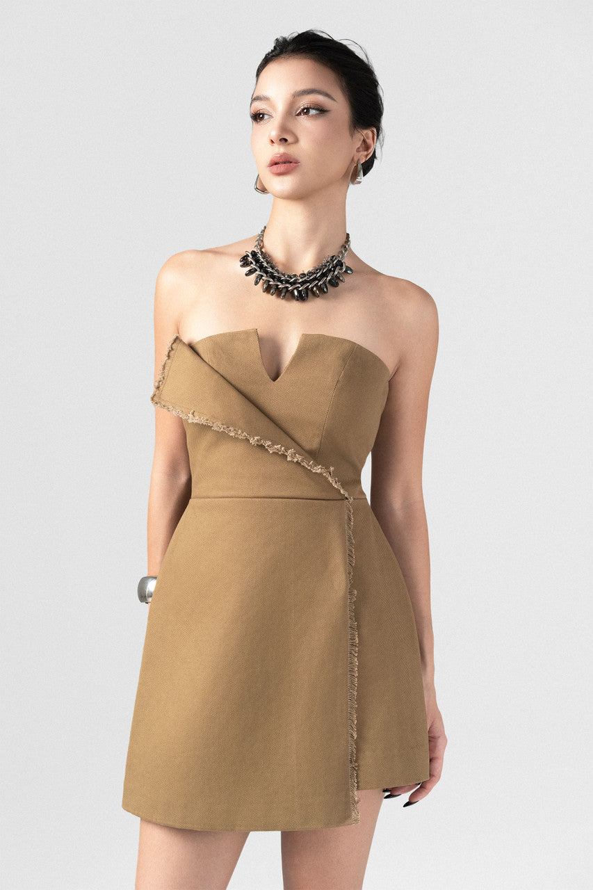 Kalisa Fashion Event Strapless V-Neck Mini Dress with Foldover Detail Camel Brown / 3X Kalisa Fashion Event Strapless V-Neck Mini Dress with Foldover Detail Camel Brown / 3X