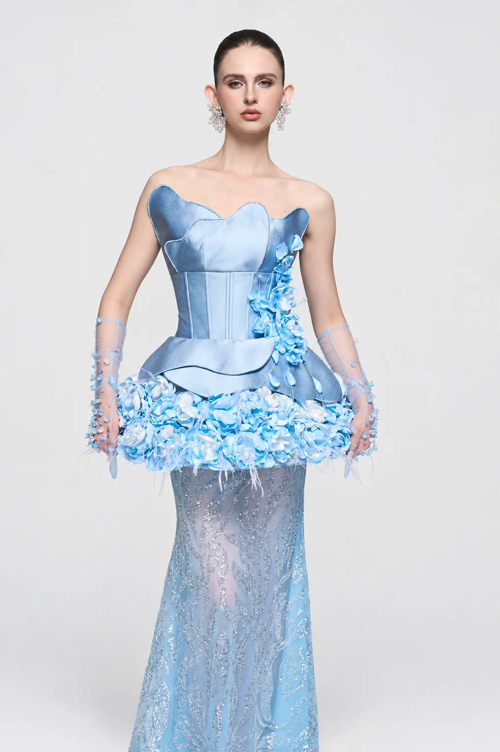 Chateau Strapless Mesh and Floral Accents Gown