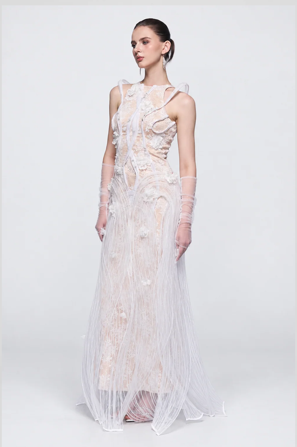 Esther Couture Lace Round-Neck 3D Pleated Plissé Maxi Dress