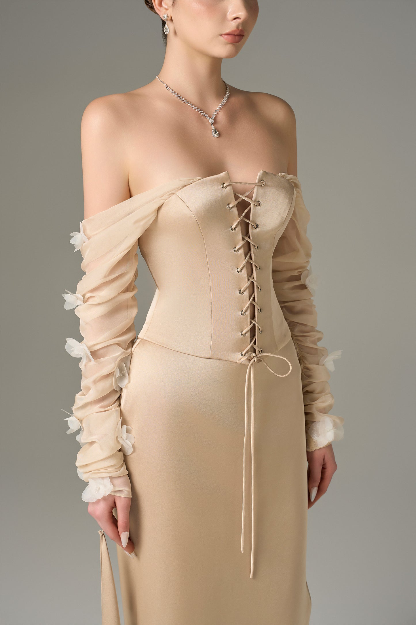 Cream Silk Chiffon Corset Top Maxi Dress kalisa Cream Silk Chiffon Corset Top Maxi Dress kalisa
