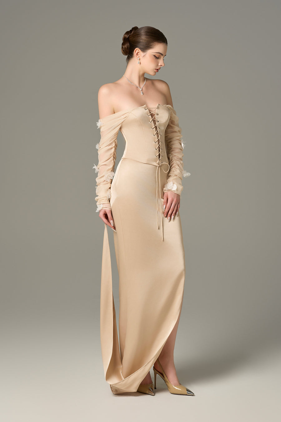 Alluring Silk Chiffon Corset Top & Maxi Set