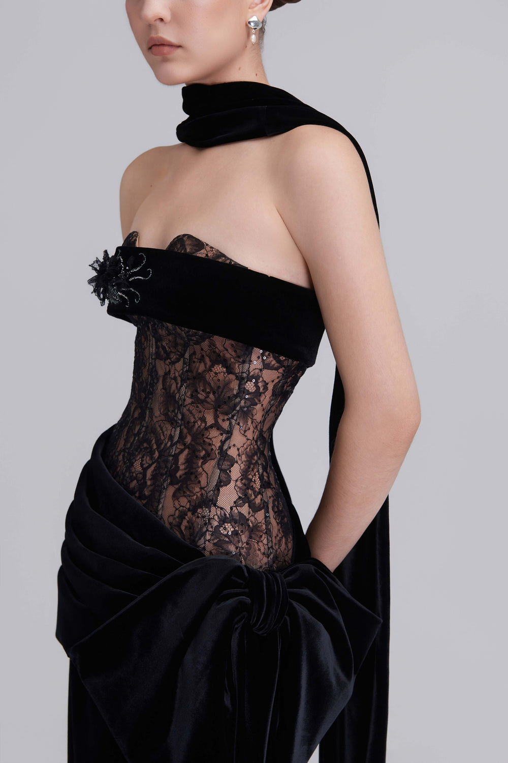 Naomi Bandeau Velvet Maxi Dress With Crystal Applique Scarf