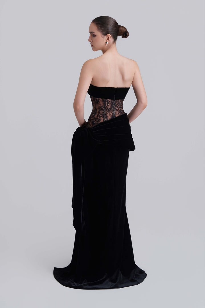 Naomi Bandeau Velvet Maxi Dress With Crystal Applique Scarf