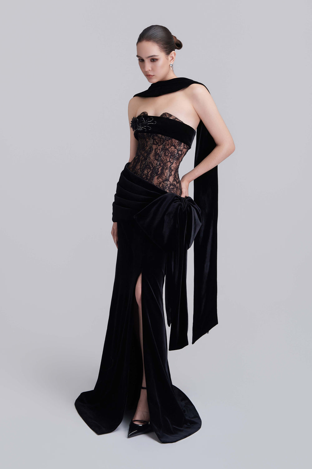 Naomi Bandeau Velvet Maxi Dress With Crystal Applique Scarf