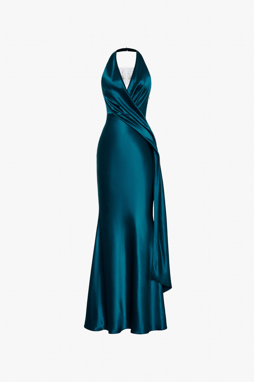 Maxi dress in dark mallard silk, with a halter neckline and a draped detail.
