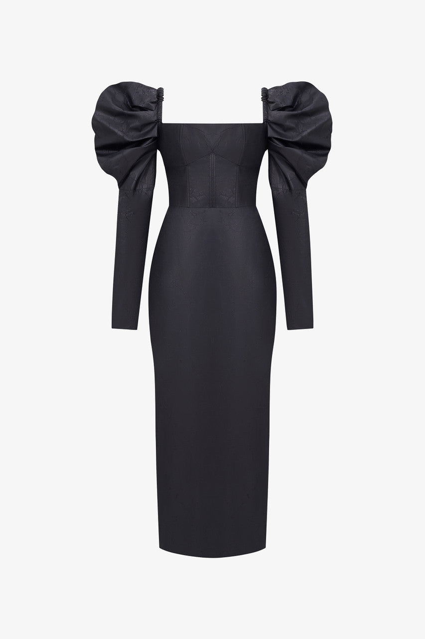 Black leather maxi dress with a square neckline and puffed long sleeves. 