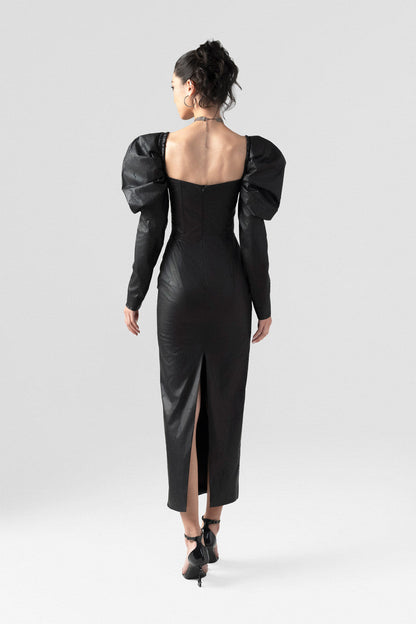 Black leather maxi dress with a square neckline and puffed long sleeves. 