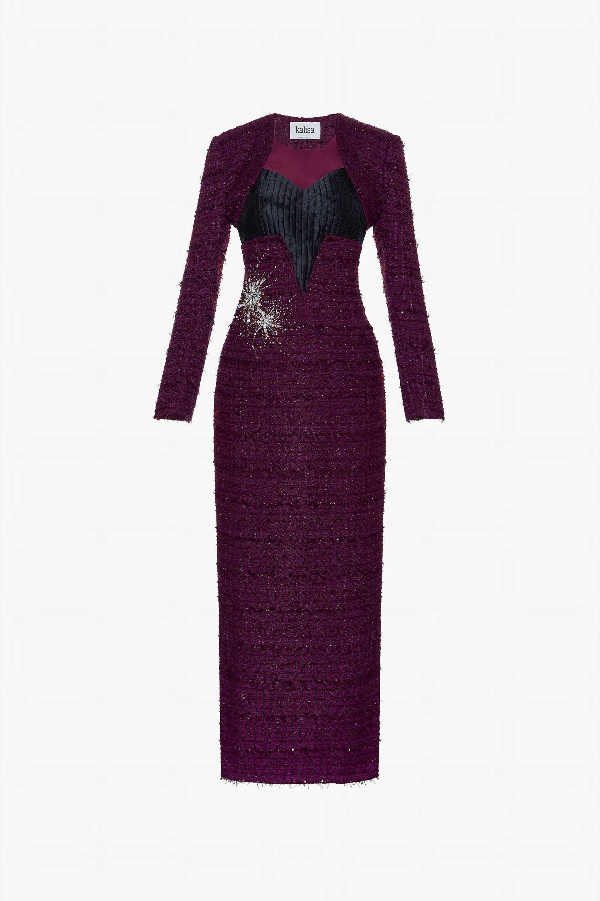 Ao Dai Inspired Cropped Jacket & Maxi Dress Tweed Set