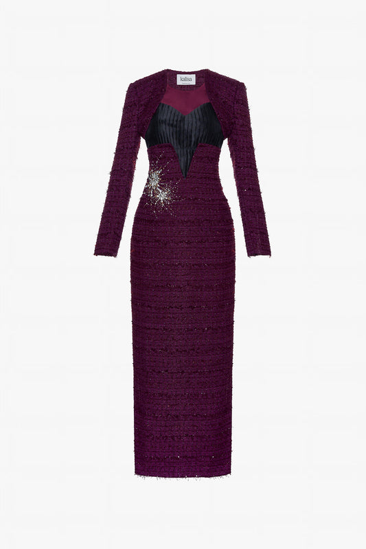a Burgundy tweed maxi dress with side slits, firework-inspired embellishments and a cropped jacket.