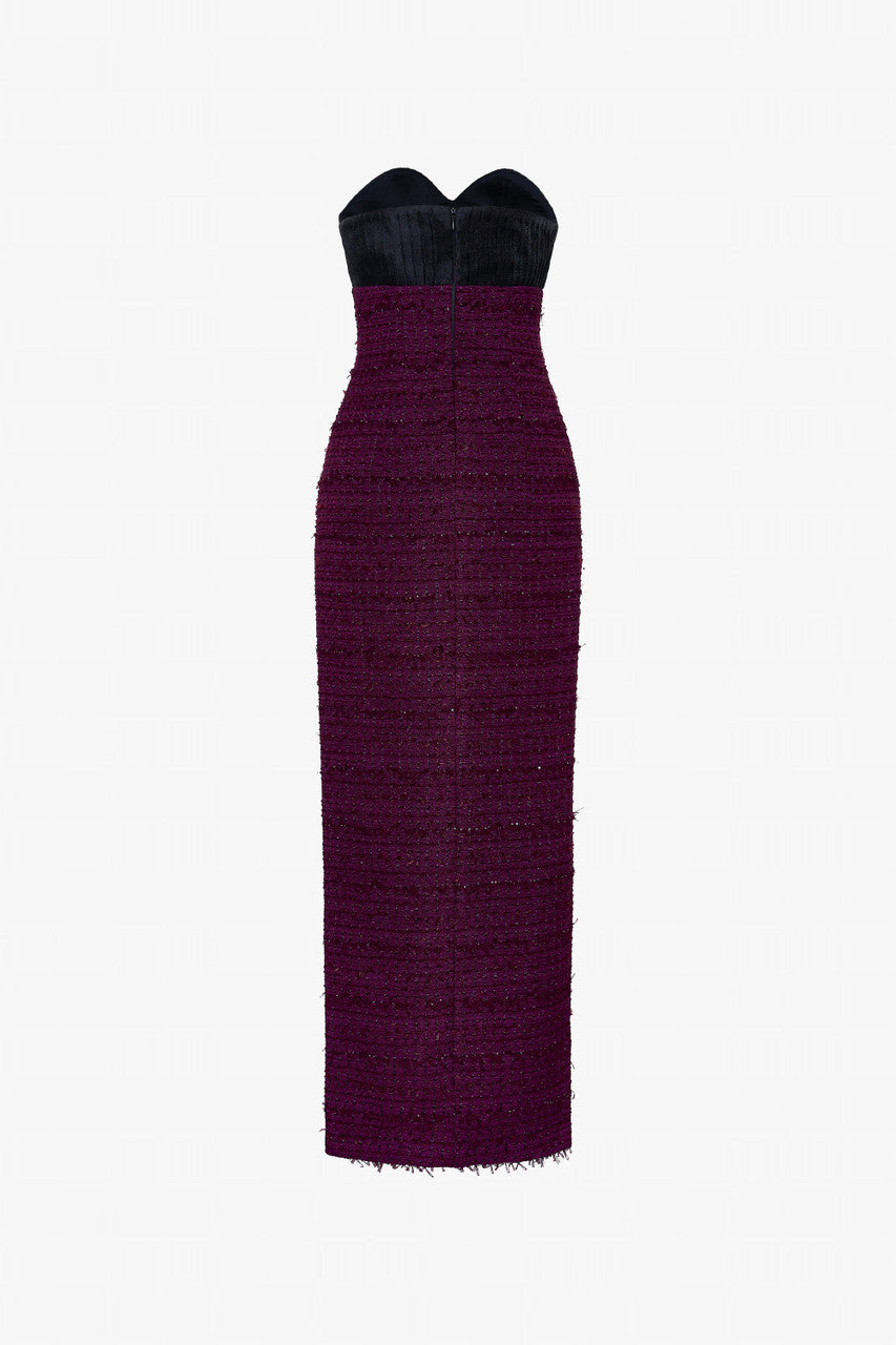 a Burgundy tweed maxi dress with side slits, firework-inspired embellishments and a cropped jacket.