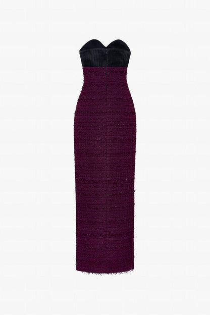 a Burgundy tweed maxi dress with side slits, firework-inspired embellishments and a cropped jacket.