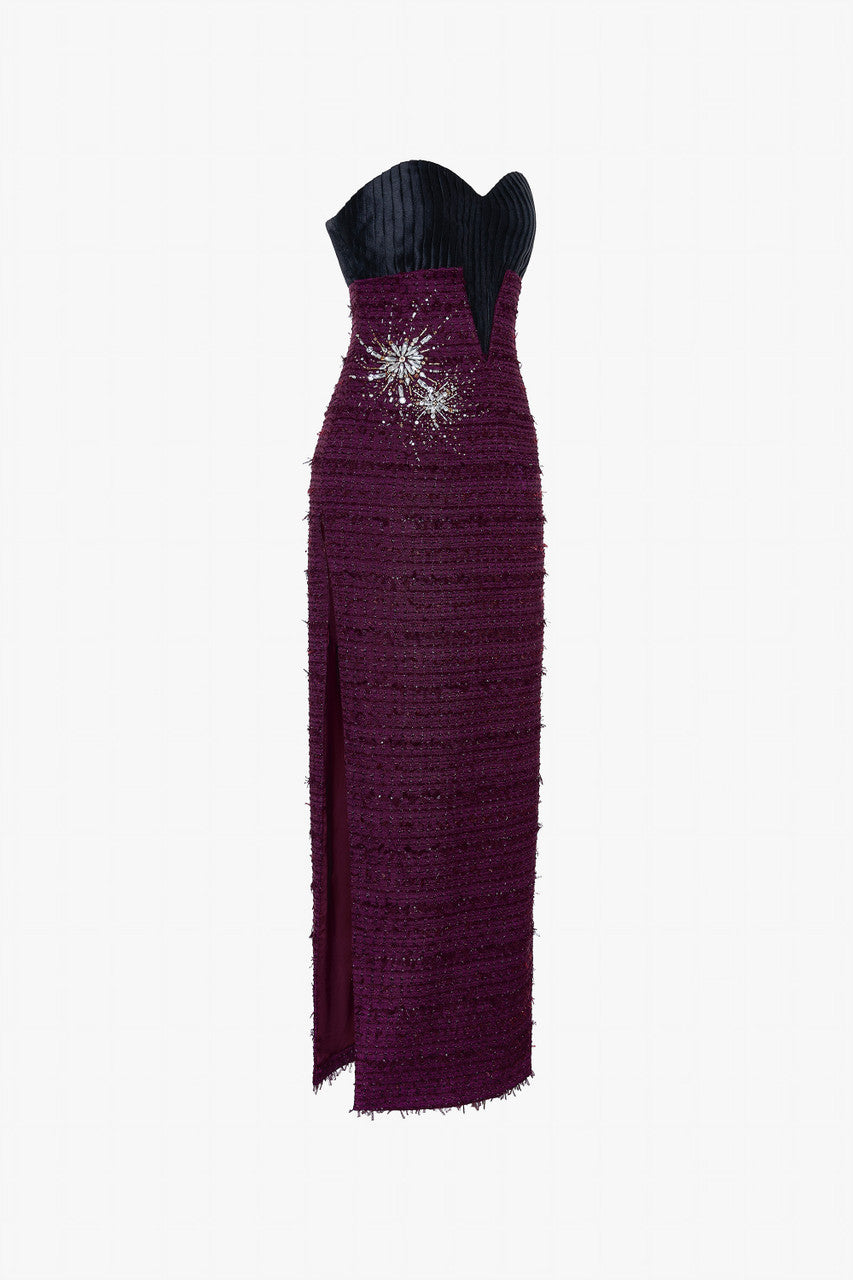 a Burgundy tweed maxi dress with side slits, firework-inspired embellishments and a cropped jacket.