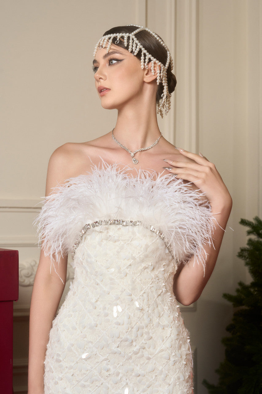 Heavenly Feather & Crystal Embellished Wool Gown
