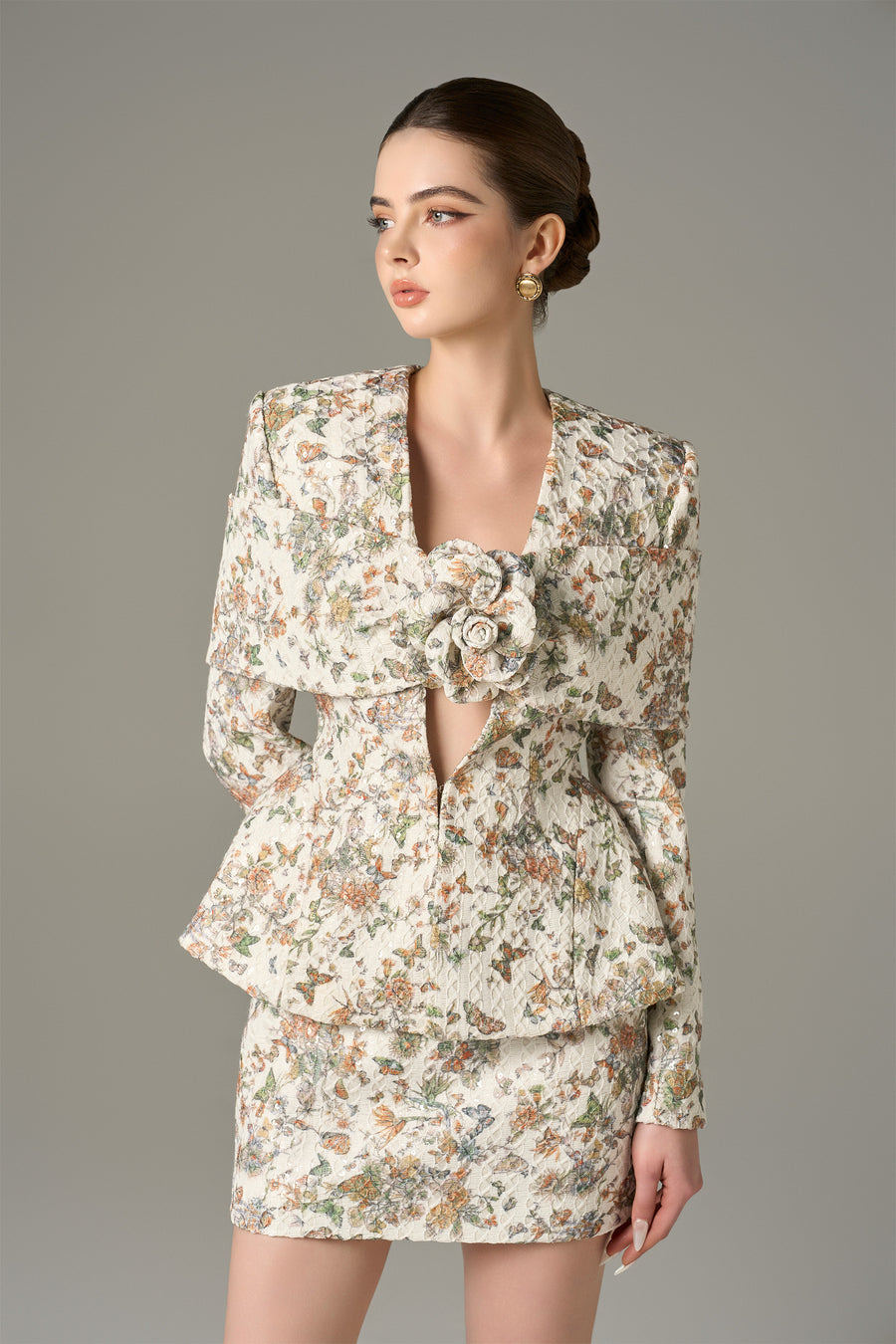 Voguish Floral Tweed Jacket & Mini Skirt Set
