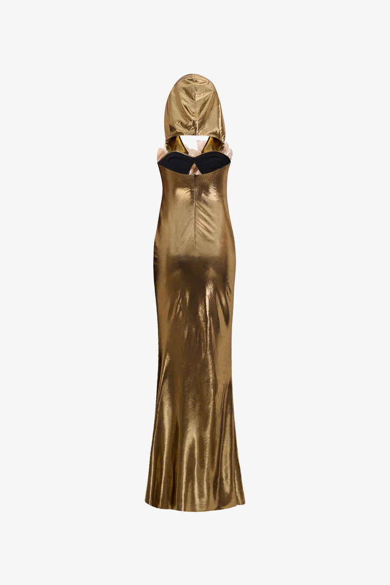 Ruthless Hooded Metallic Floral Appliqué Gown