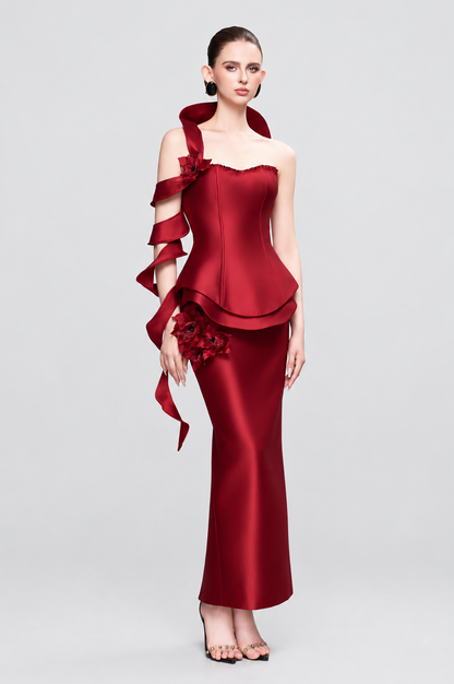 Kalisa Juliet Strapless 3D Floral Peplum Maxi Dress With Spiral Sleeve Set — product image 1
