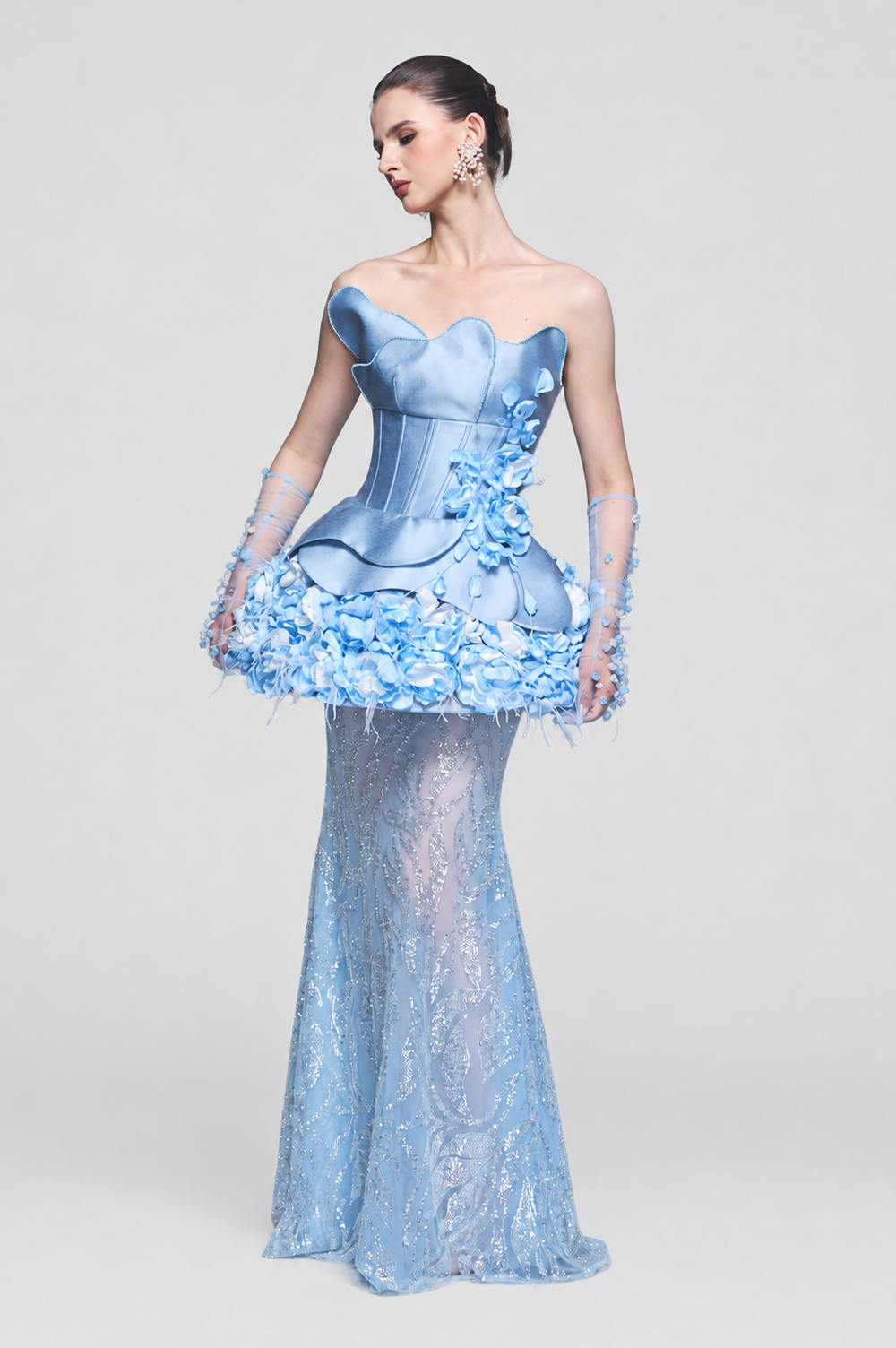 Chateau Strapless Mesh and Floral Accents Gown