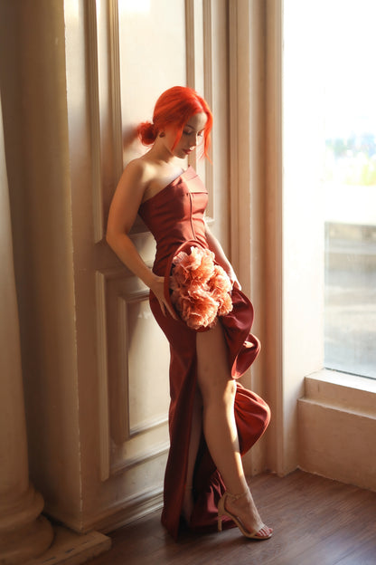 Floriana Bandeau 3D Floral Maxi Dress With Cascading Ruffles