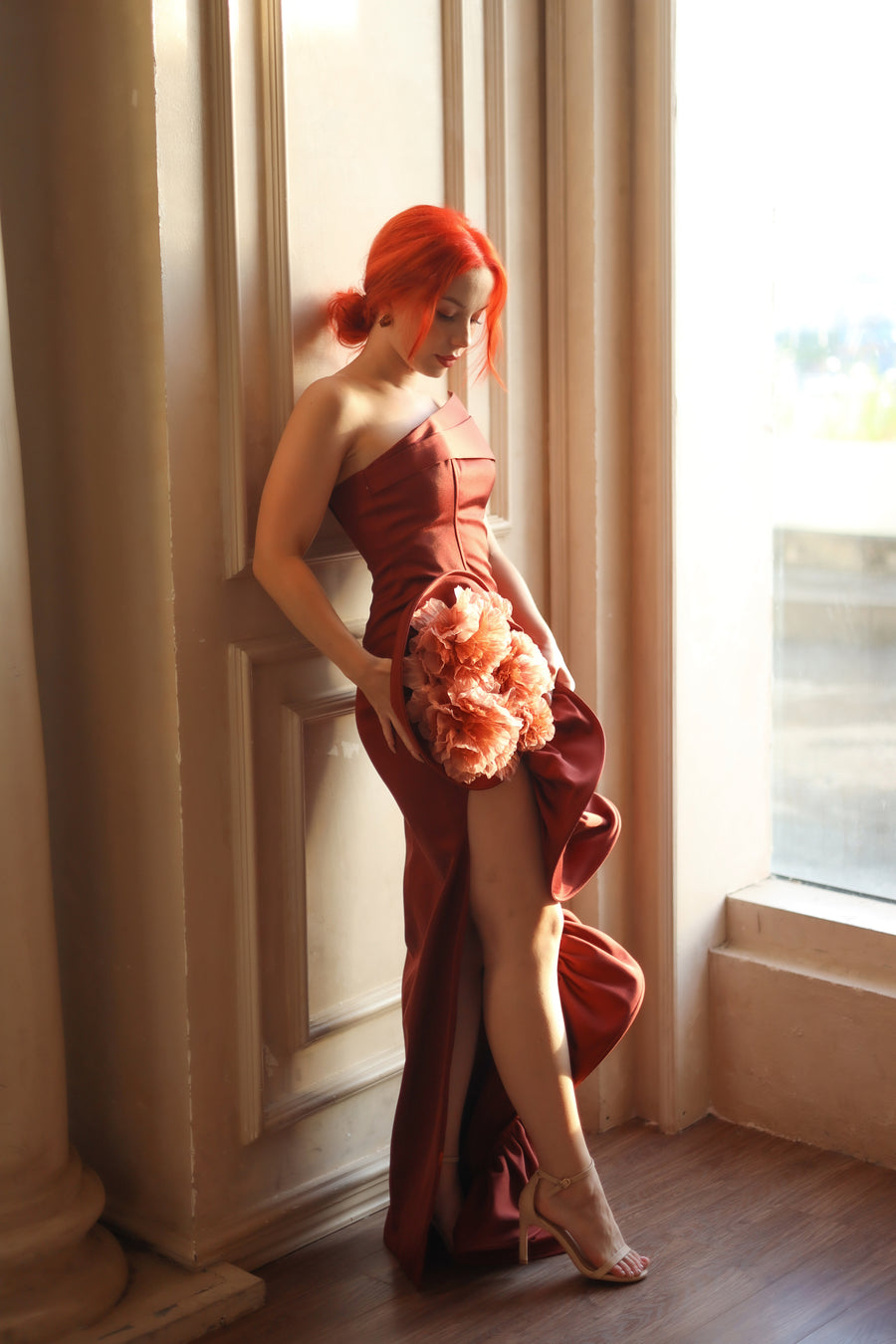 Floriana Bandeau 3D Floral Maxi Dress With Cascading Ruffles