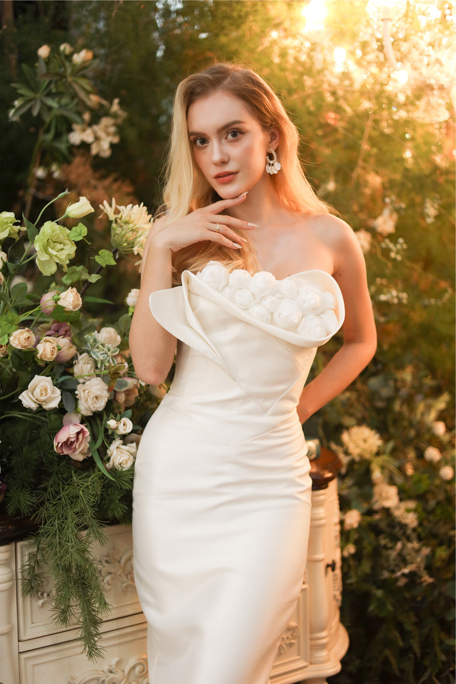 Seraphine Taffeta Bandeau Floral Embellished Maxi Dress