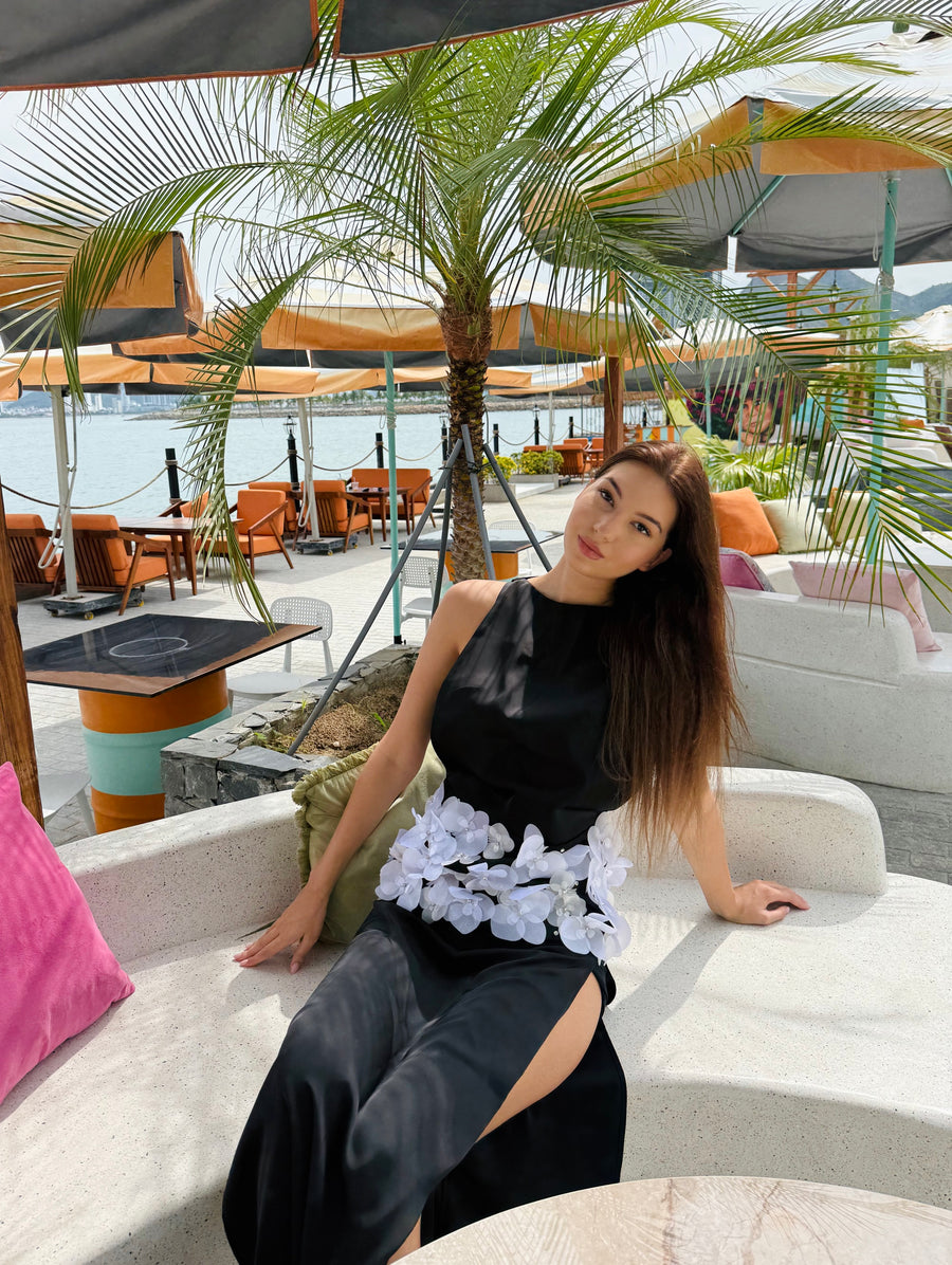 Flourish Silk Boat Neck Dress with High Slits and Orchid