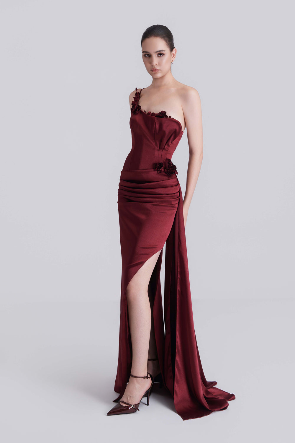 Beth Floral Appliqués Slit Maxi Dress With Side Train
