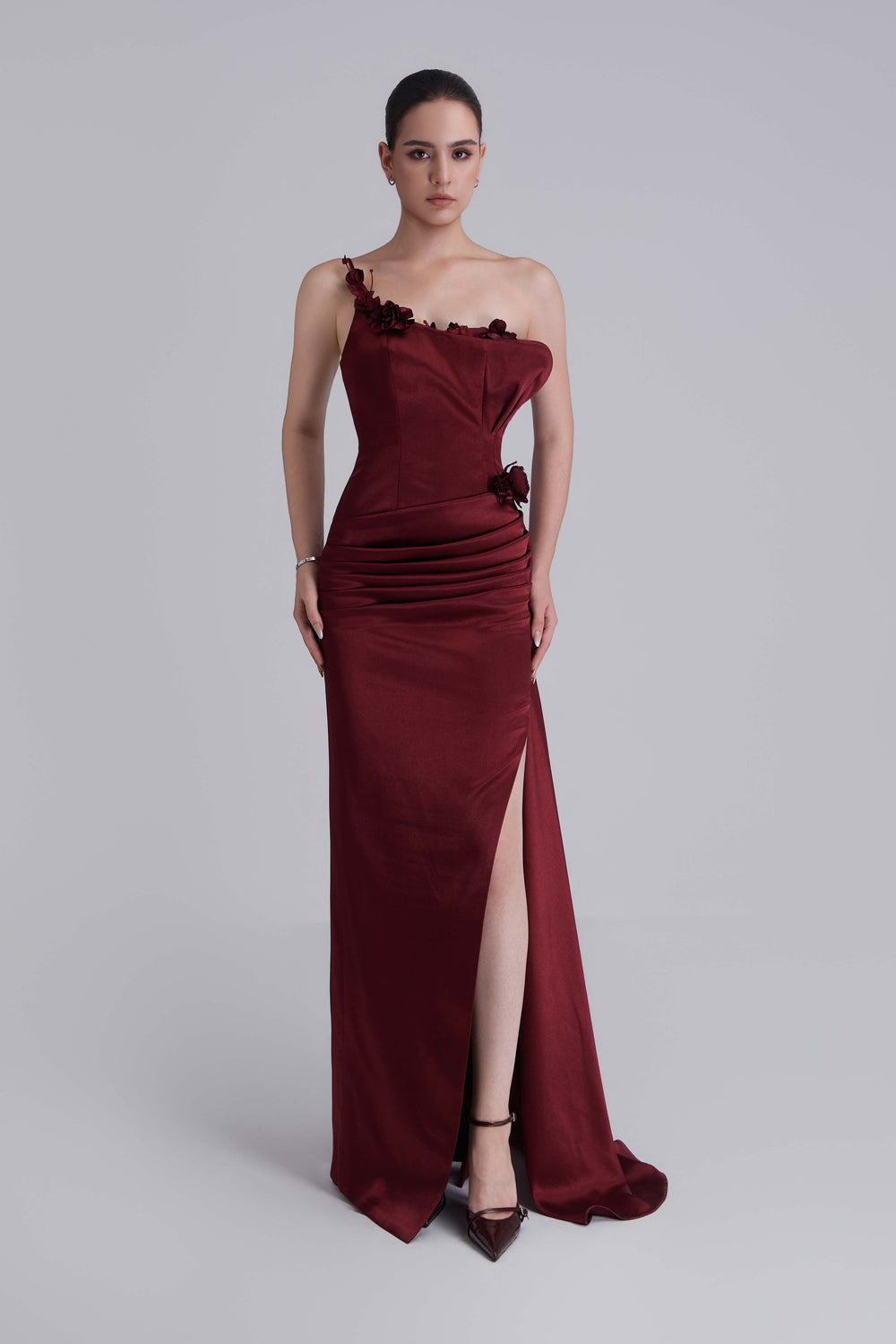 Beth Floral Appliqués Slit Maxi Dress With Side Train