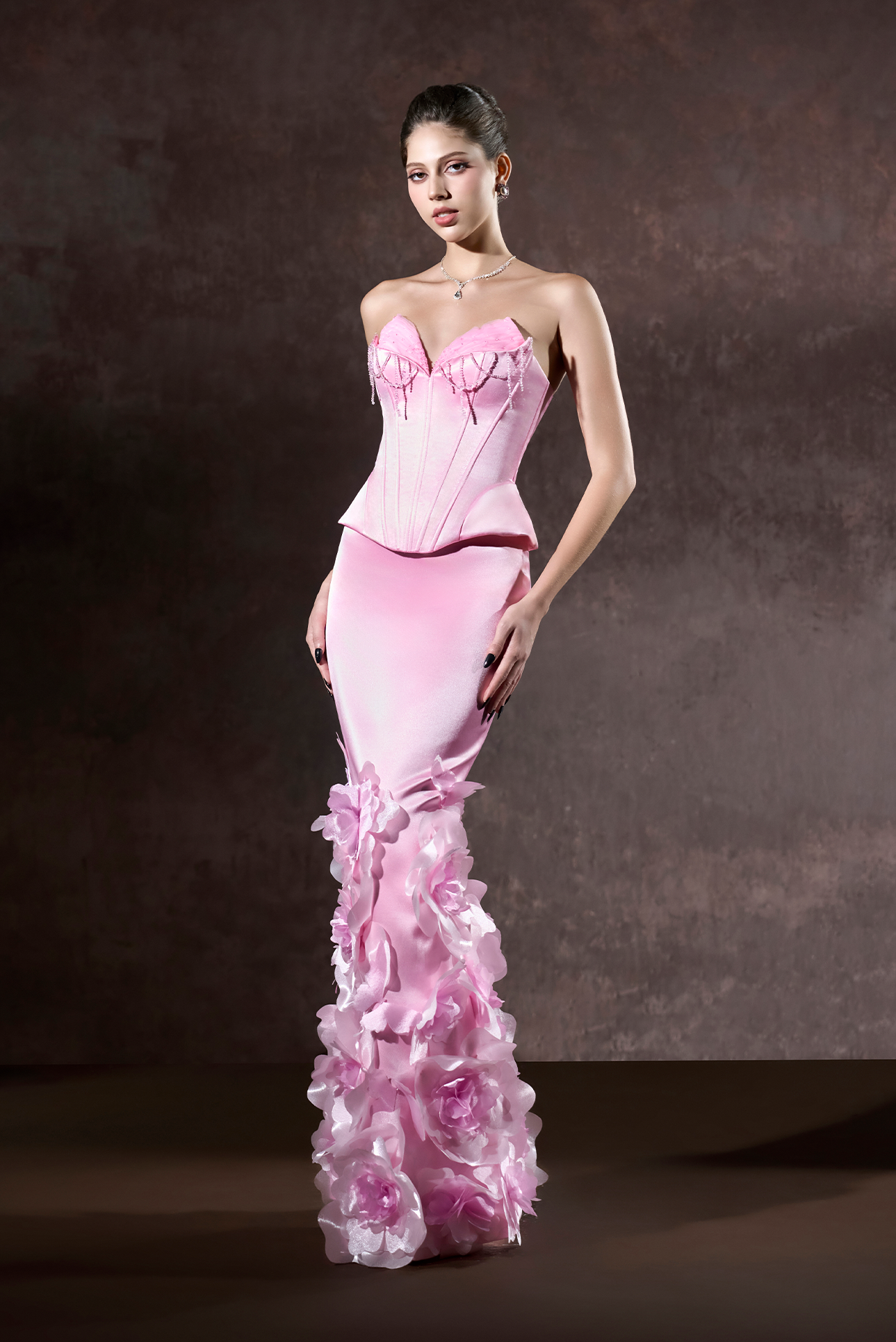 Kalena Corset Crystal Bust And Craftsmanship 3D Floral Maxi Dress