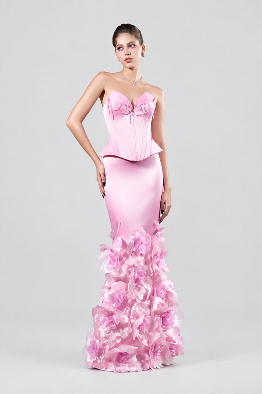 Kalena Corset Crystal Bust And Craftsmanship 3D Floral Maxi Dress