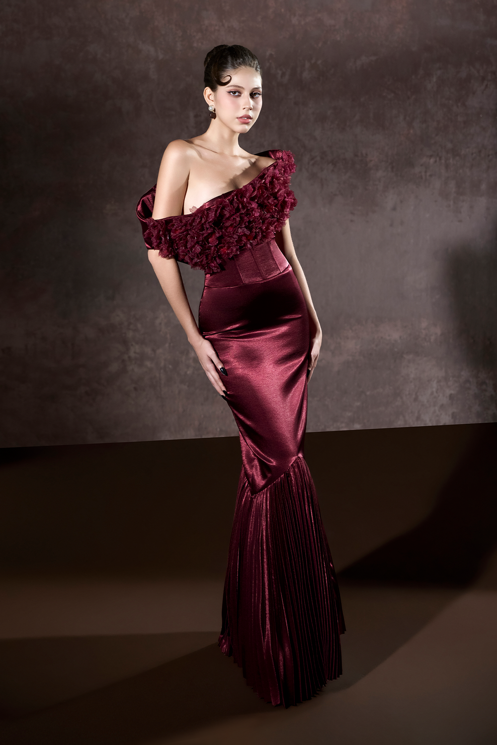 Malika Pleated Mermaid Formal Gown With 3D Floral Accent