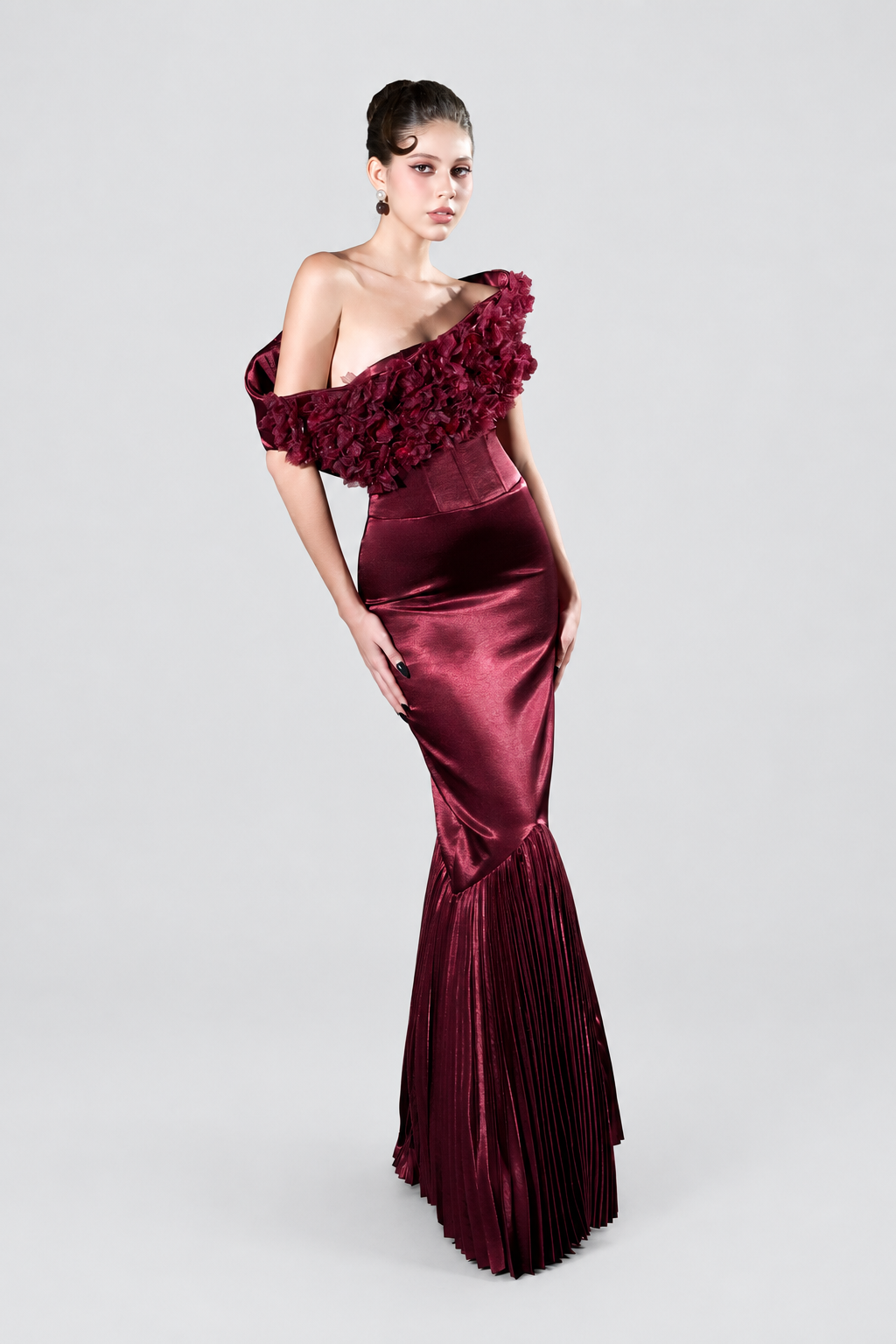 Malika Pleated Mermaid Formal Gown With 3D Floral Accent